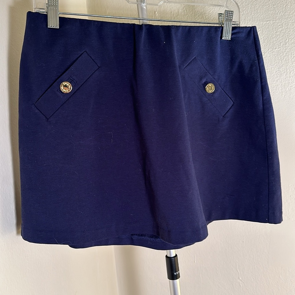Navy Blue Women's Skirt with Gold Button Accents